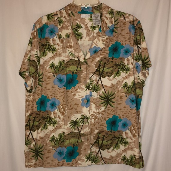 White Stag Tops - Hawaiian Top by White Stag Tan with Blue Floral